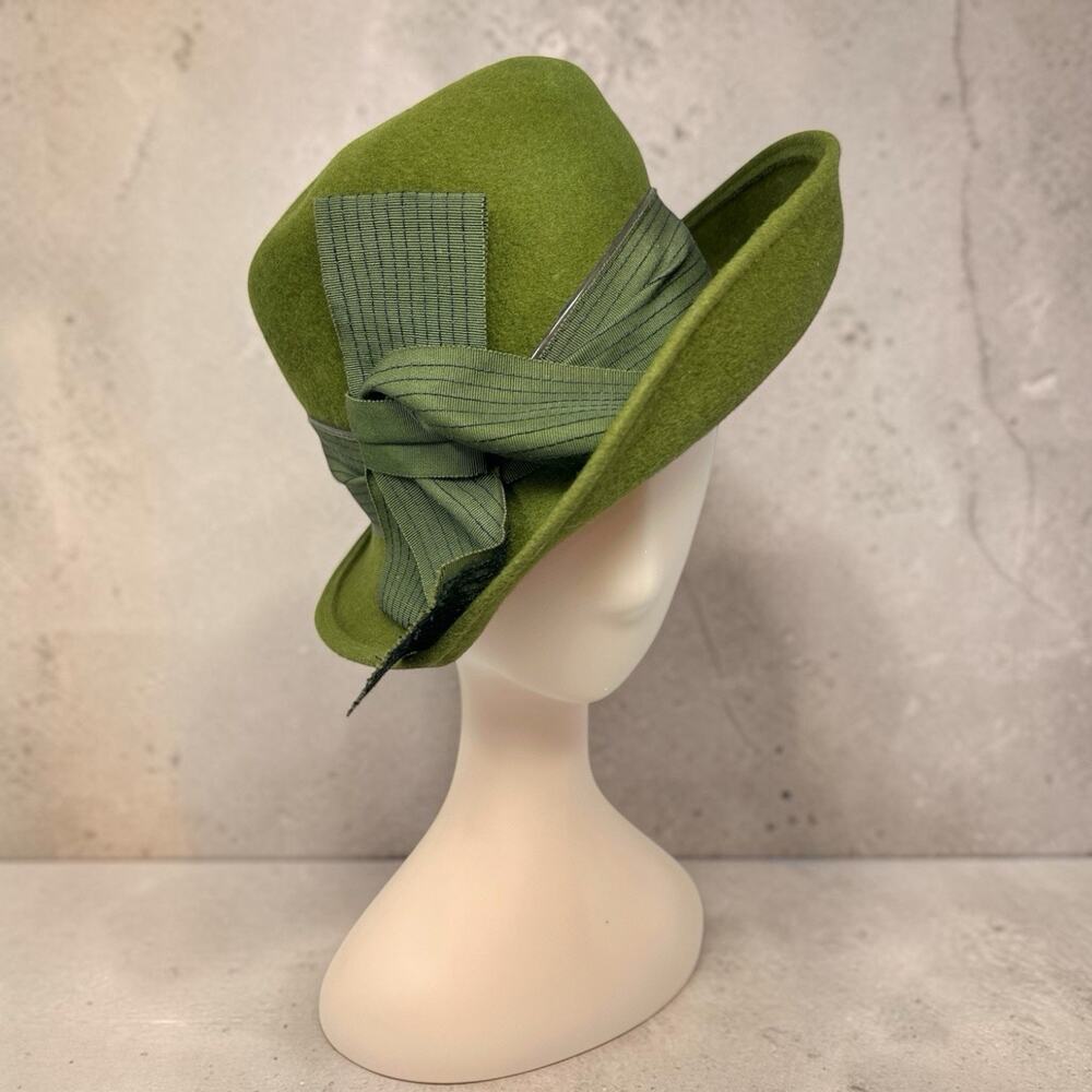 Vintage Henry Pollak Olive Green Wool Felt Dress Hat Union Made Bow USA 1960s